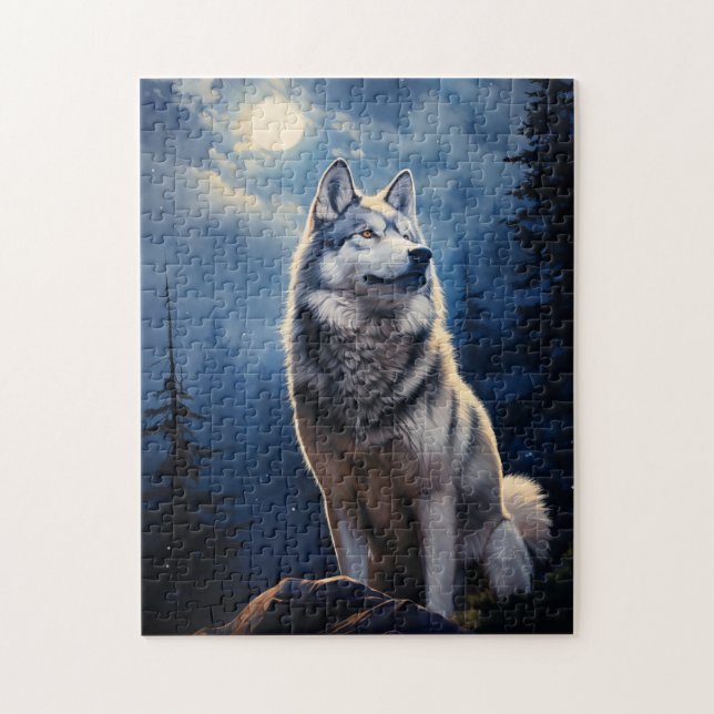 Puzzle Siberian Husky dans une nuit illuminée par la lune (Vertical)