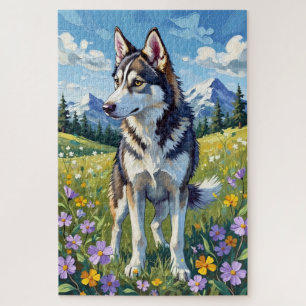 Puzzle Siberian Husky Prairie de fleurs sauvages printani
