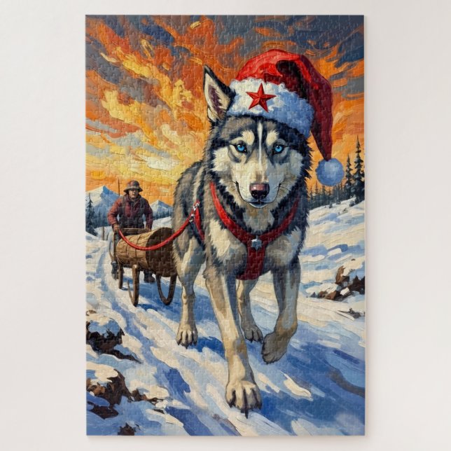 Puzzle Siberian Husky Soviet Style Christmas Log Pull Hat (Vertical)