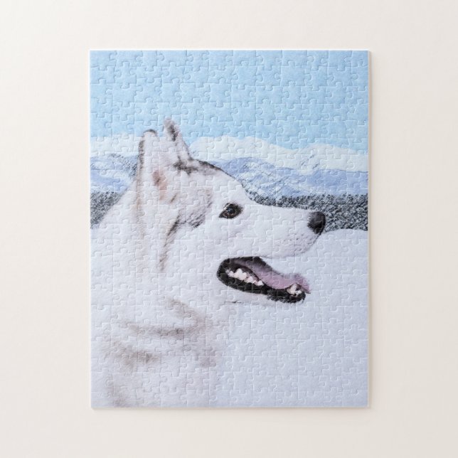 Puzzle Sibérie Husky (argent et blanc) Peinture Chien Art (Vertical)