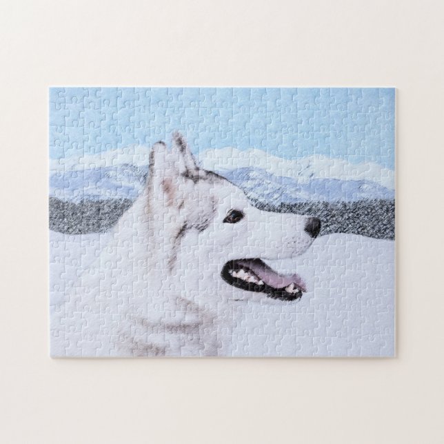 Puzzle Sibérie Husky (argent et blanc) Peinture Chien Art (Horizontal)