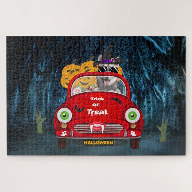 Puzzle Sibérie Husky Chien Conduire voiture effrayant Hal (Horizontal)