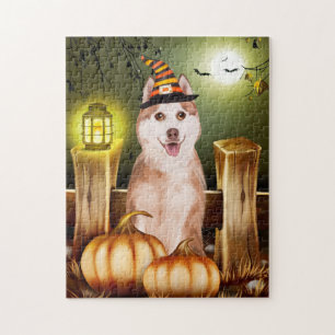 Puzzle Sibérien Husky avec Casquette sorcier Halloween