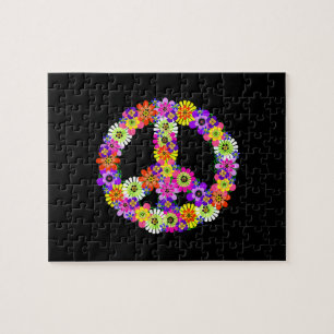 Puzzle Signe de Paix Floral sur Fond Noir