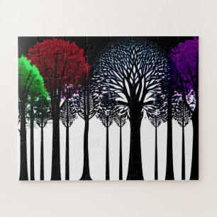 Puzzle Silhouette Arbres Noirs avec Rouge Vert et Violet