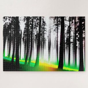 Puzzle Silhouette Arbres noirs avec vert et jaune brillan