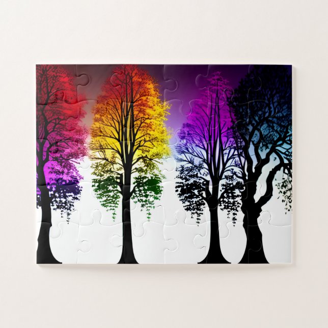 Puzzle Silhouette Arbres violet rouge et jaune pour enfan (Horizontal)