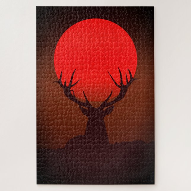 Puzzle Silhouette de cerf avec coucher de soleil rouge fe (Vertical)