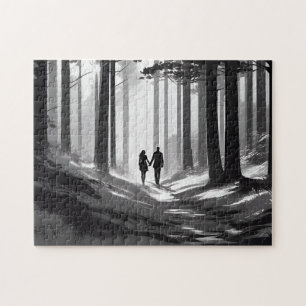 Puzzle Silhouette de couple noir et blanc en forêt