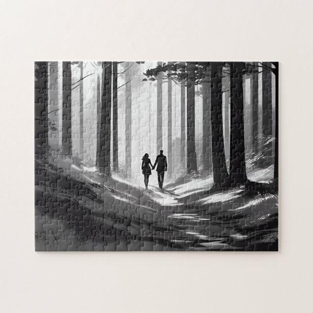Puzzle Silhouette de couple noir et blanc en forêt (Horizontal)