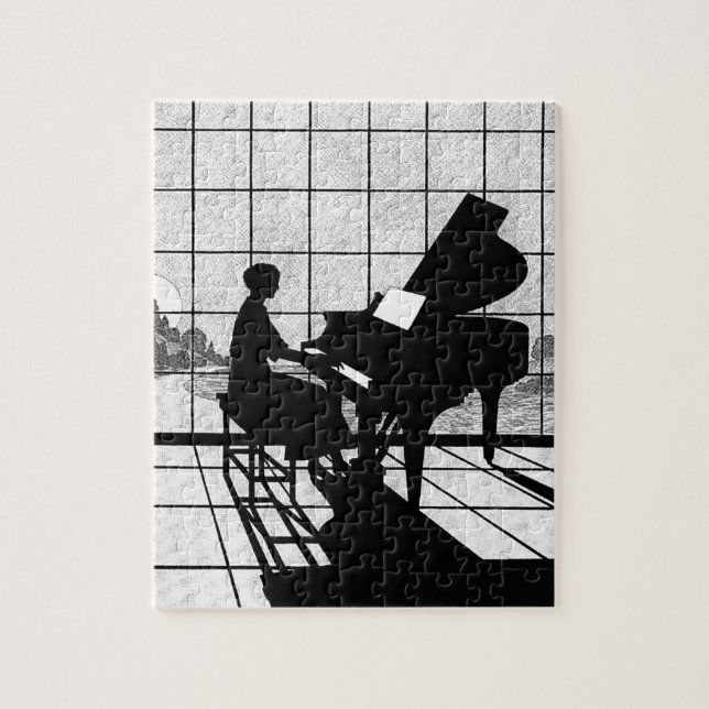 Puzzle Silhouette de Piano Style Art Déco | Noir et Blanc (Vertical)