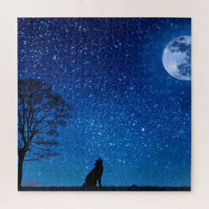 Puzzle Silhouette Wolf hurlant Dans La Lune