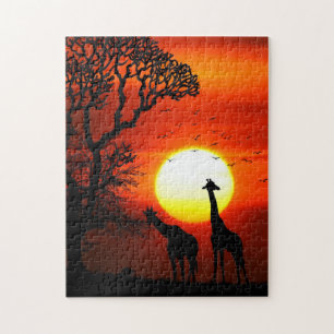 Puzzle Silhouettes africaines de girafe de coucher du