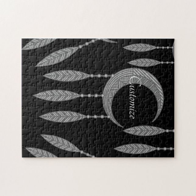 Puzzle Silver Crescent Moon Feathers (Horizontal)