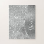 Puzzle Silver Glitter Glam Bling Personalized Metallic<br><div class="desc">Easily personalize this silver brushed metal and glamorous faux glitter patterned jigsaw puzzle with your own custom name.</div>