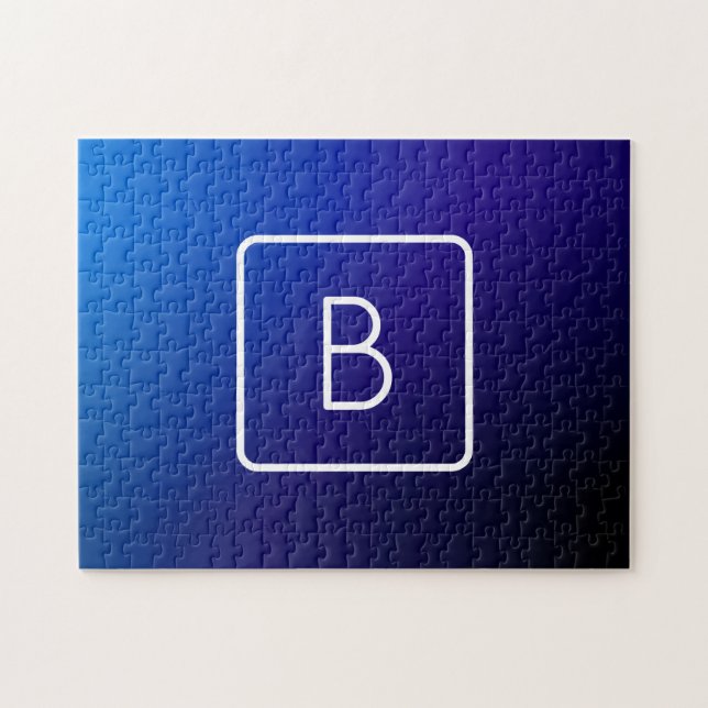 Puzzle Simple Moderne Dégradé Bleu Foncé & Monogramme (Horizontal)