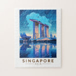 Puzzle Singapore Marina Bay Night Travel Art Vintage<br><div class="desc">Modèle de voyage vectoriel rétro de Singapour. Marina Bay est un quartier haut de gamme de gratte-ciel,  d'hôtels chics et de centres commerciaux de luxe. Elle est connue pour la grande roue Singapore Flyer Ferris et les conservatoires de fleurs et les superarbres colorés des jardins de la baie.</div>