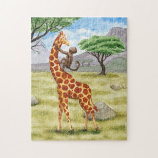 Puzzle Singe dans le paysage safari d'une girafe