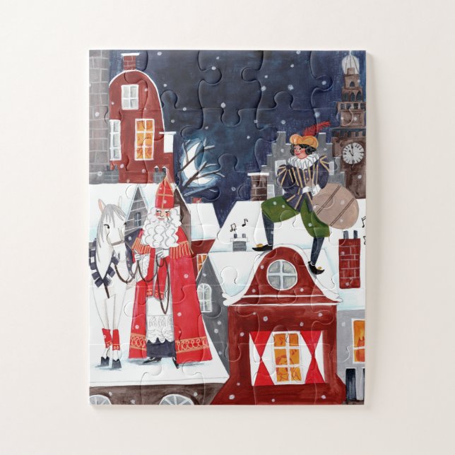 Puzzle Sinterklaas et Piet sur les toits d'Amsterdam (Vertical)