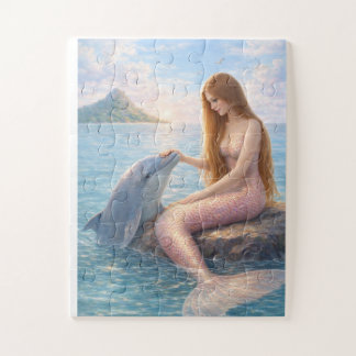 Puzzle Sirène à queue rose et dauphin