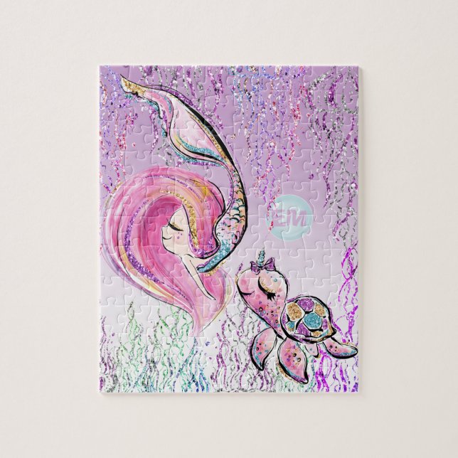 Puzzle Sirène et tortue de mer amis, Ajouter Initiales Fi (Vertical)