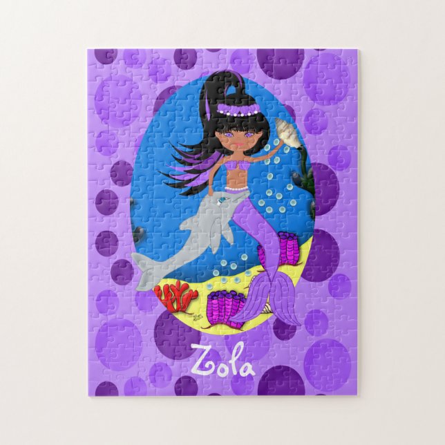 Puzzle Sirène pourpre dans l'océan avec un dauphin (Vertical)