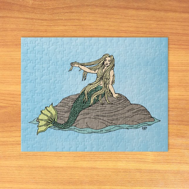 Puzzle Sirène sur Rocks (Mermaid on Rocks Jigsaw Puzzle on Table)