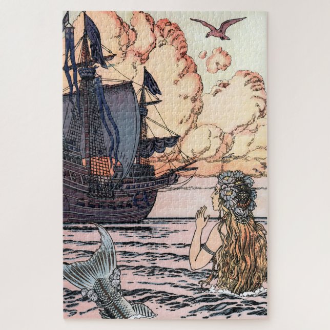 Puzzle Sirène vintage En Mer Regardant Un Bateau À Voile (Vertical)