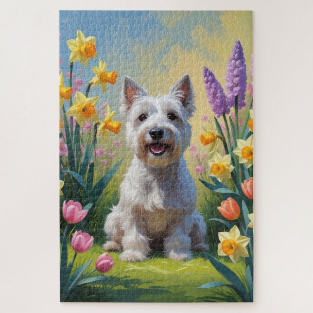 Puzzle Skye Terrier Chien Fleurs de printemps Peinture (Vertical)
