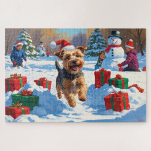 Puzzle Skye Terrier courant dans la neige avec un chapeau