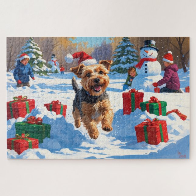 Puzzle Skye Terrier courant dans la neige avec un chapeau (Horizontal)