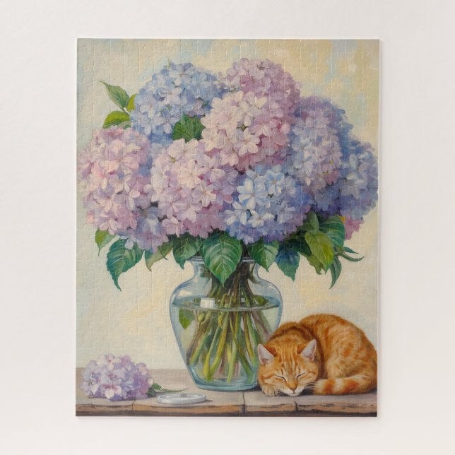 Puzzle Sleeping Ginger Cat and Hydrangeas (Vertical)