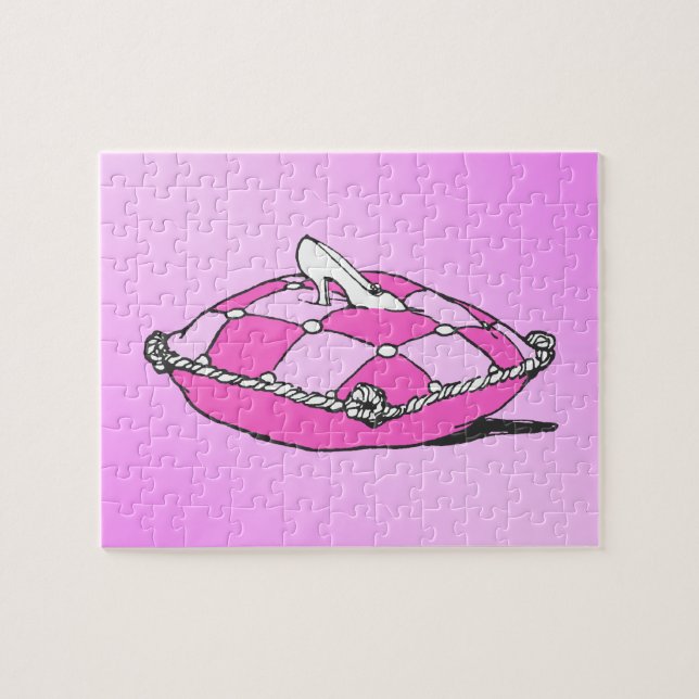 Puzzle Slipper Cendrillon sur Coussin rose (Horizontal)