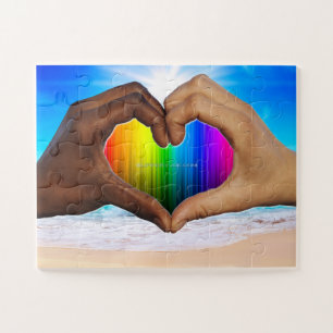 Puzzle SlipperyJoe dégradé arc-en-ciel vif cœur interraci