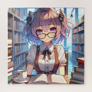Puzzle Smart Anime Girl in Library Reading Books