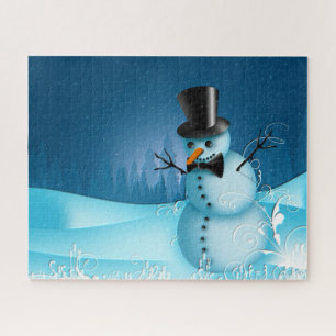 Puzzle Snowman à neige bleue avec Casquette noir et nez d