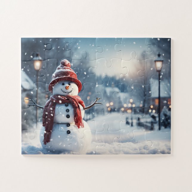 Puzzle Snowman dans le village. Scène hivernale. (Horizontal)