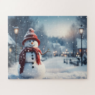 Puzzle Snowman dans le village. Scène hivernale.