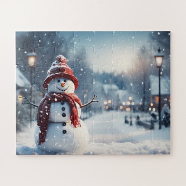 Puzzle Snowman dans le village. Scène hivernale. (Horizontal)