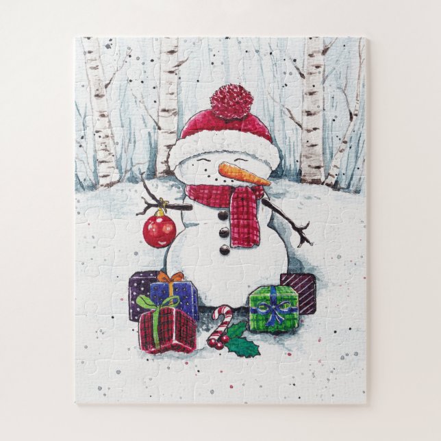 Puzzle Snowman With Gifts In Watercolor  (Vertical)