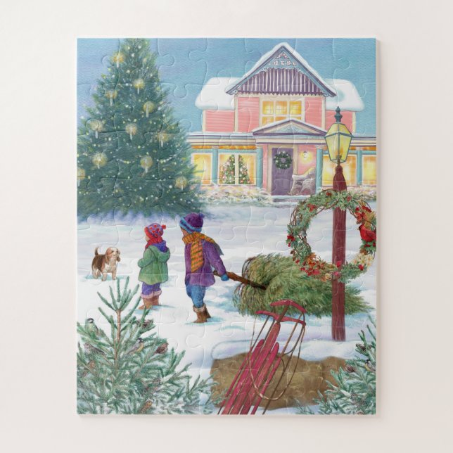 Puzzle Snowscape de réchauffement cardiaque avec enfants (Vertical)