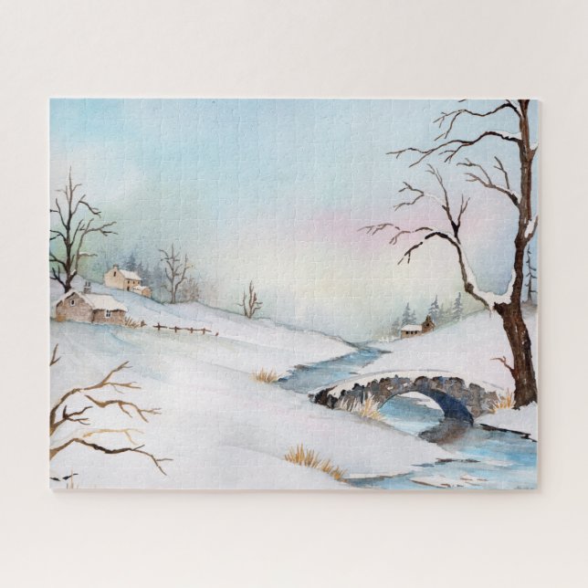 Puzzle Snowy Bridge Watercolor Landscape (Horizontal)