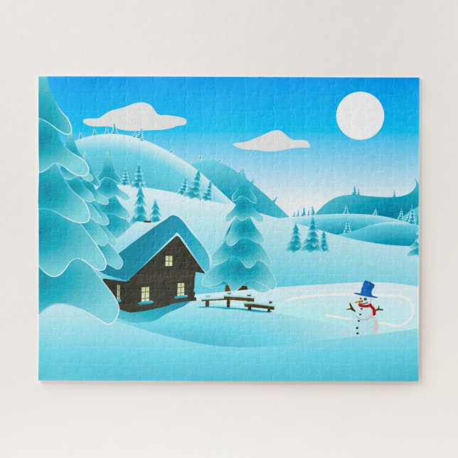 Puzzle Snowy Winter Cabine et mignon Snowman Festive (Horizontal)