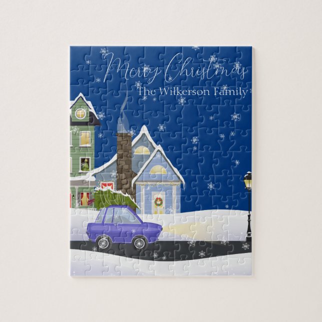 Puzzle Soirée de Noël Bleue dans un village de neige (Vertical)