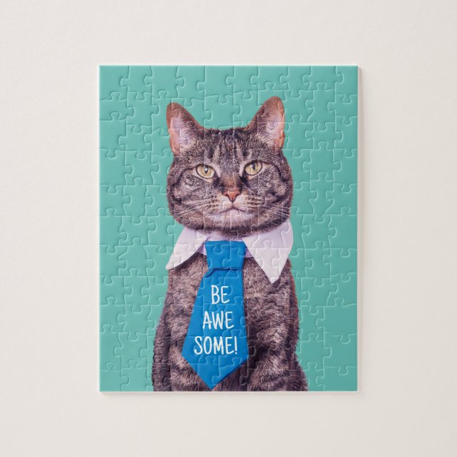 Puzzle "SOIS INCROYABLE !" Chat en Cravate Bleue, Turquoi (Vertical)