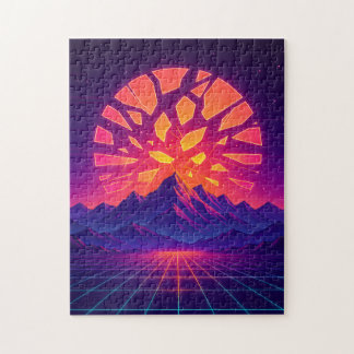 Puzzle Soleil néon brisé sur les montagnes Synthwave