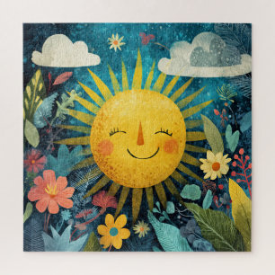 Puzzle Soleil souriant coloré sur de jolies fleurs