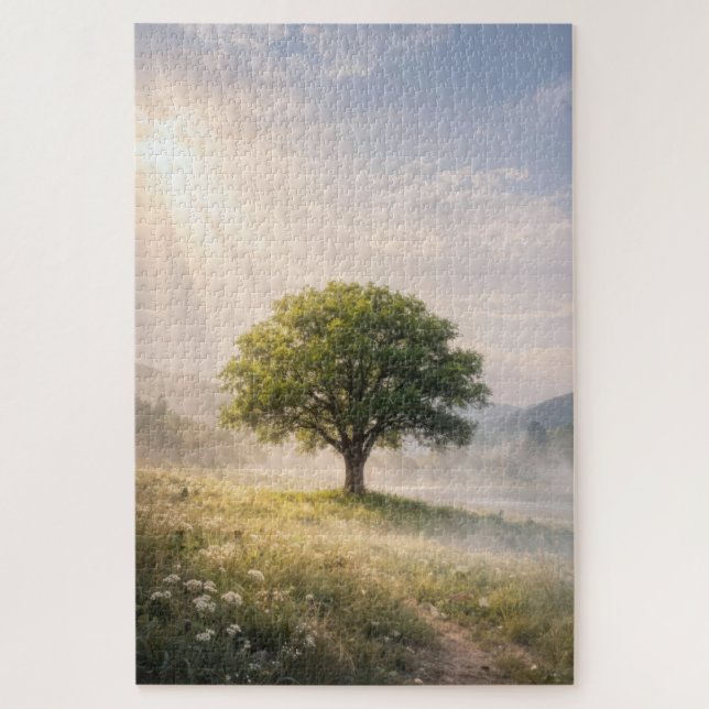 Puzzle Solitary Green Tree with Sunbeams (Vertical)