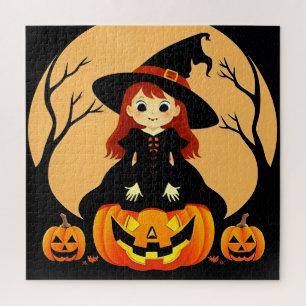 Puzzle Sorcière dans un décor d'Halloween avec des citrou