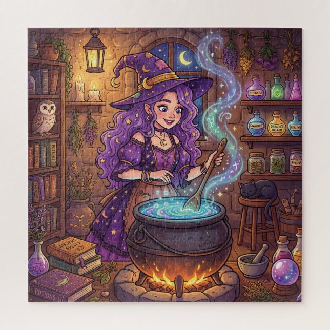 Puzzle Sorcière de dessin animé faisant une potion d'amou (Vertical)